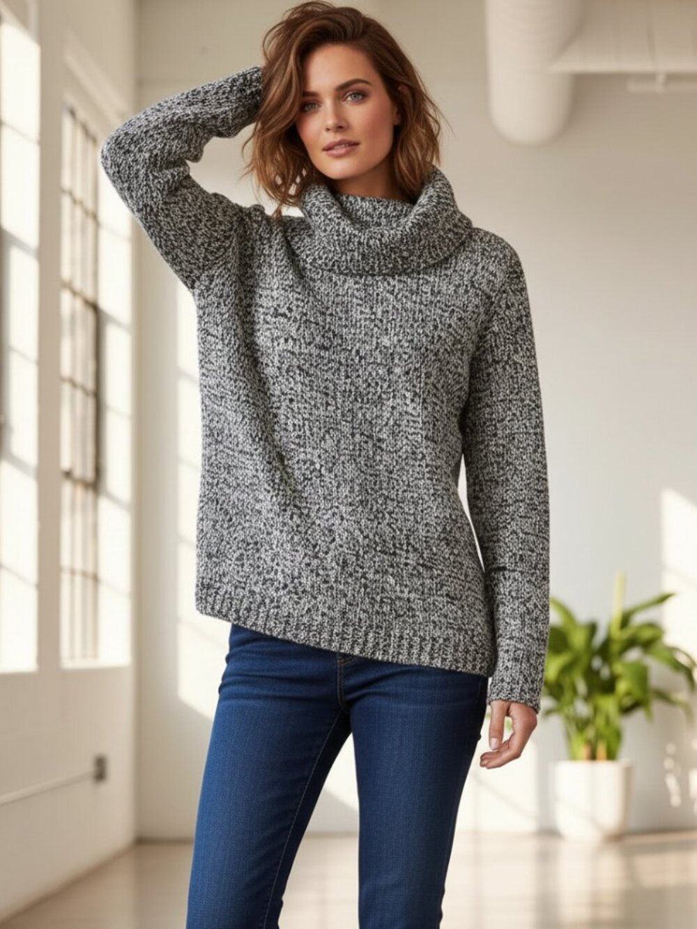 Women's Black White Marled Cowl Sweater Cottage Cozy Cabin Rustic Preppy Classic